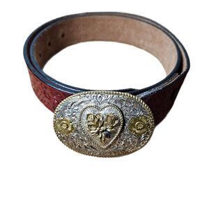 Crumrine Heavy Silver Plate On Jewelers Bronze Buckle With Red 34 Belt Vintage